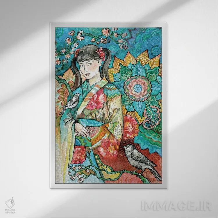 تابلو دکوراتیو زن ژاپنی با کیمونو گلدار ۲ اثر فانیتسا پترو - نمای قابدار سفید