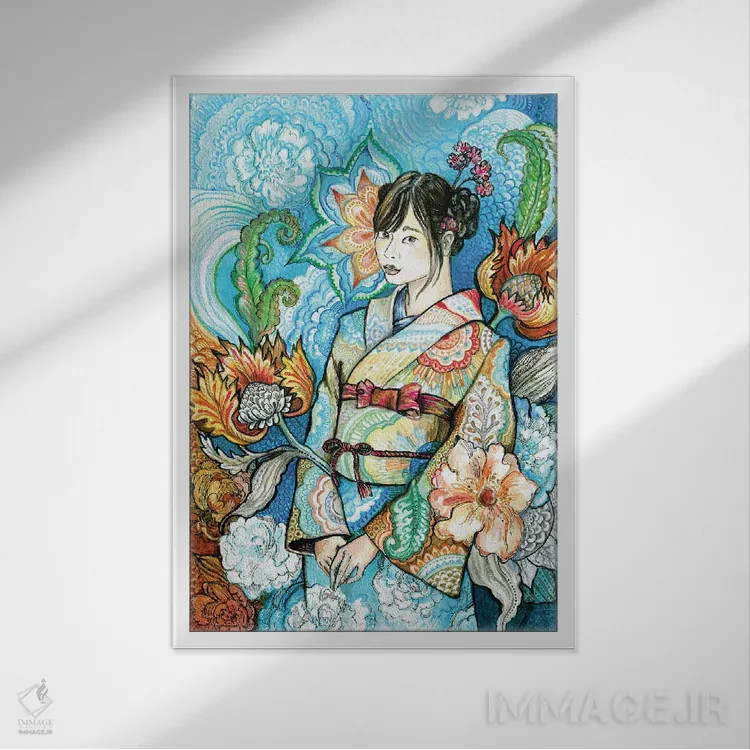 تابلو دکوراتیو زن ژاپنی با کیمونو گلدار ۱ اثر فانیتسا پترو - نمای قابدار سفید