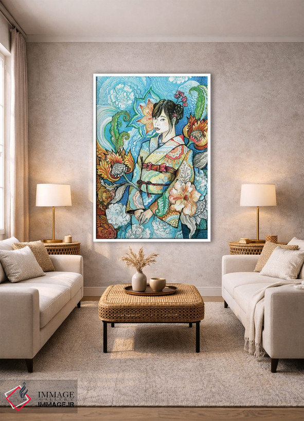 تابلو دکوراتیو زن ژاپنی با کیمونو گلدار ۱ اثر فانیتسا پترو - D1W