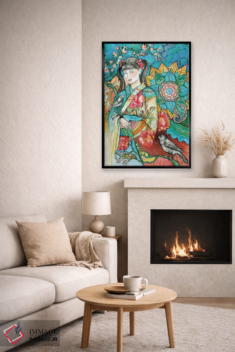 تابلو دکوراتیو زن ژاپنی با کیمونو گلدار ۲ اثر فانیتسا پترو - D6B