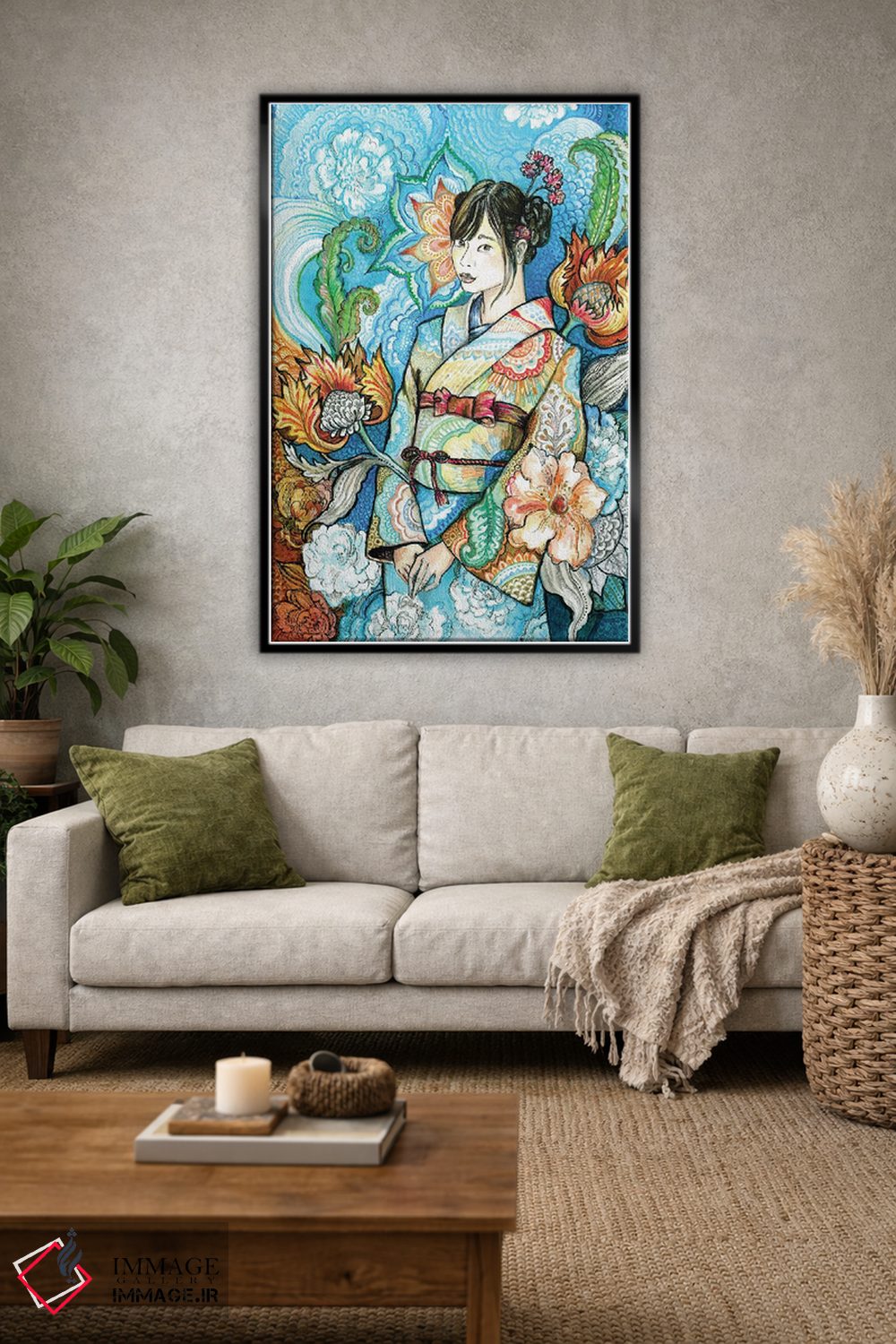 تابلو دکوراتیو زن ژاپنی با کیمونو گلدار ۱ اثر فانیتسا پترو - D3B