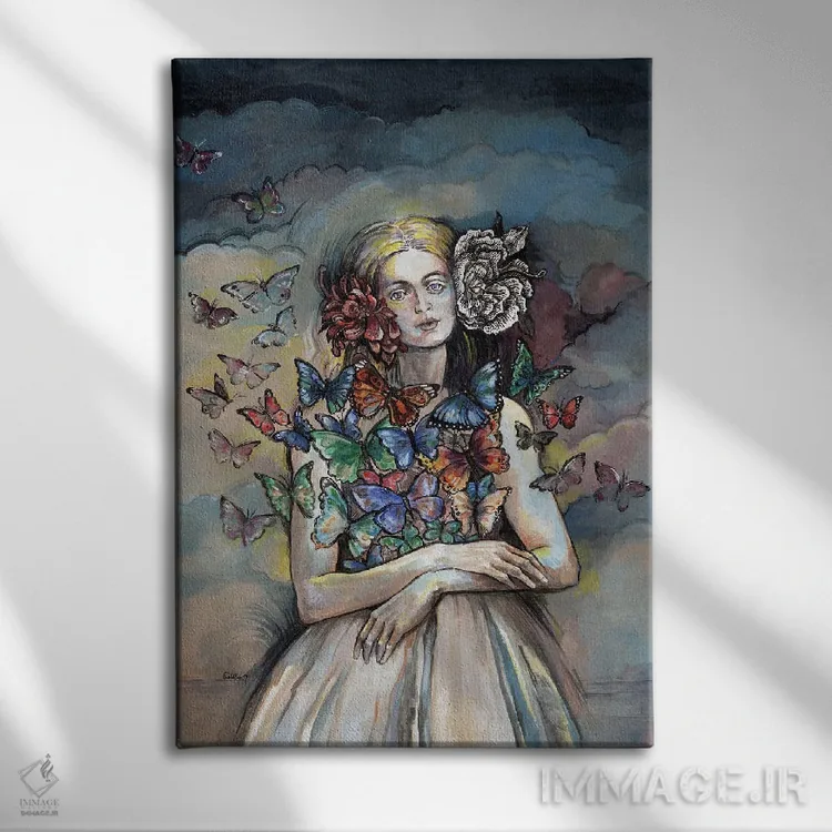 تابلو دکوراتیو زن پروانه ای اثر فانیتسا پترو - نمای روبهرو روی دیوار