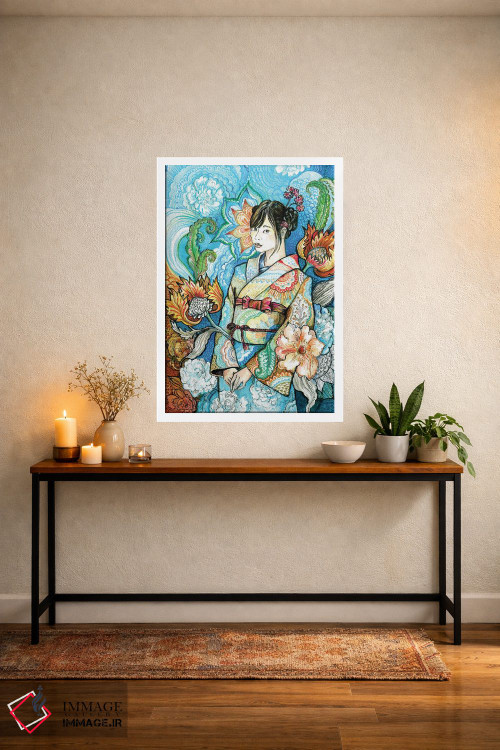 تابلو دکوراتیو زن ژاپنی با کیمونو گلدار ۱ اثر فانیتسا پترو - D5W