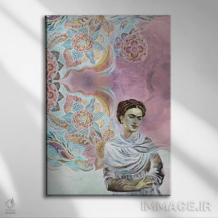 تابلو دکوراتیو فریدا روی پس زمینه صورتی اثر فانیتسا پترو - نمای روبهرو روی دیوار