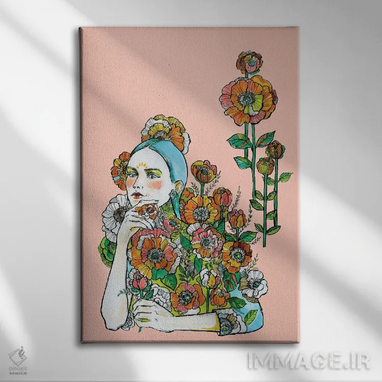 تابلو دکوراتیو موهای آبی و گل ها اثر فانیتسا پترو - نمای روبهرو روی دیوار