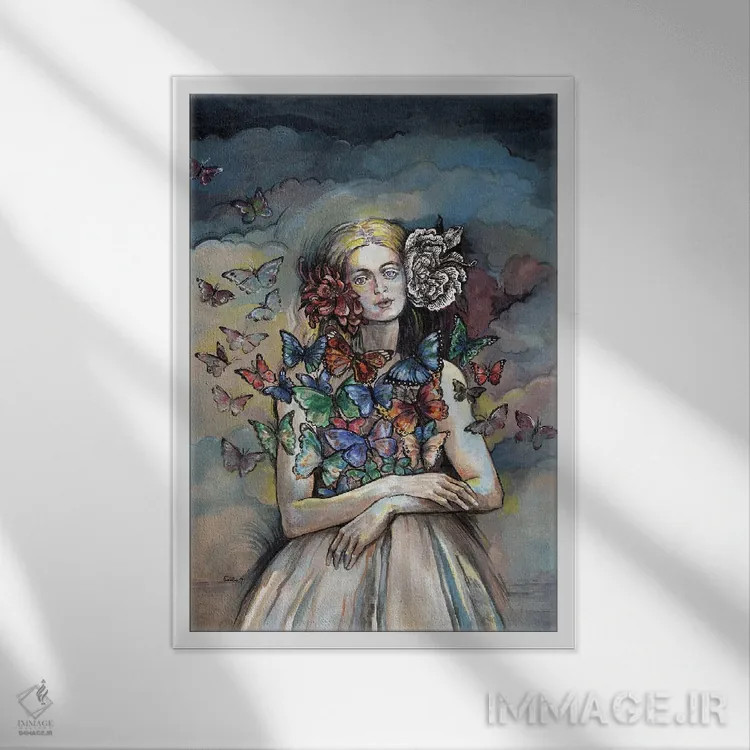 تابلو دکوراتیو زن پروانه ای اثر فانیتسا پترو - نمای قابدار سفید