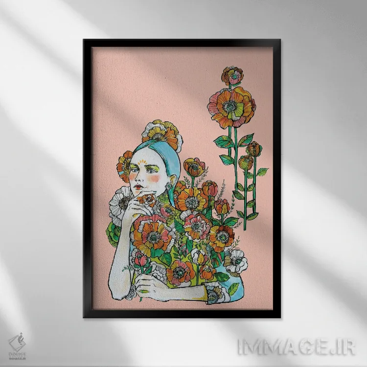 تابلو دکوراتیو موهای آبی و گل ها اثر فانیتسا پترو - نمای قابدار مشکی