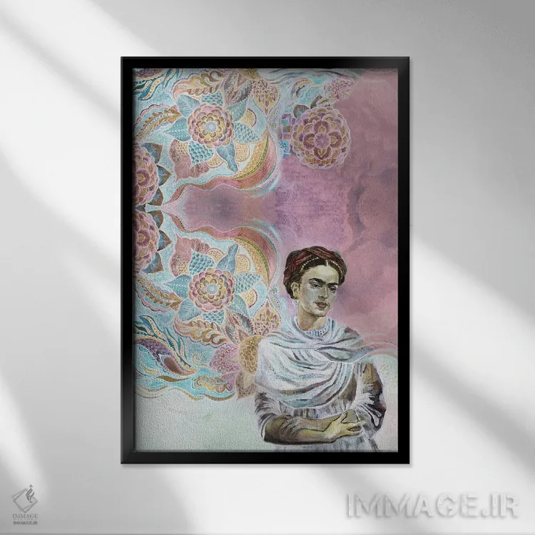 تابلو دکوراتیو فریدا روی پس زمینه صورتی اثر فانیتسا پترو - نمای قابدار مشکی