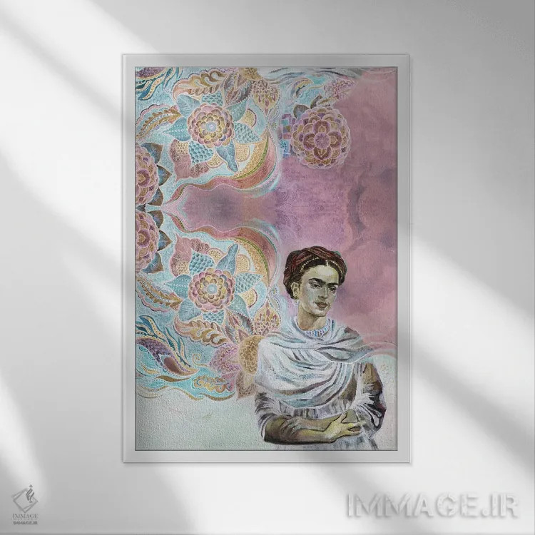 تابلو دکوراتیو فریدا روی پس زمینه صورتی اثر فانیتسا پترو - نمای قابدار سفید