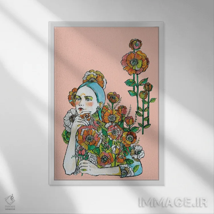 تابلو دکوراتیو موهای آبی و گل ها اثر فانیتسا پترو - نمای قابدار سفید