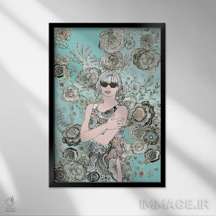 تابلو دکوراتیو گل ها و عینک آفتابی ۱ اثر فانیتسا پترو - نمای قابدار مشکی