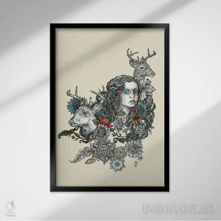 تابلو دکوراتیو حیوان روحی: گوزن اثر فانیتسا پترو - نمای قابدار مشکی