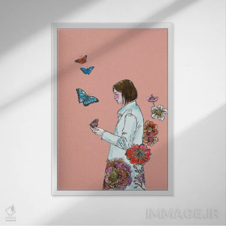 تابلو دکوراتیو پروانه ها و گل ها اثر فانیتسا پترو - نمای قابدار سفید