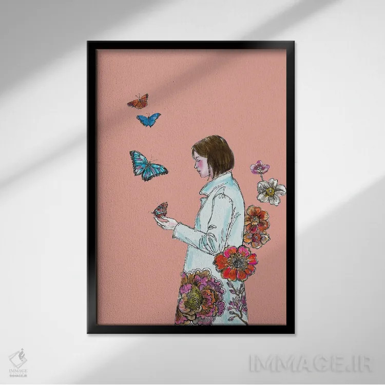 تابلو دکوراتیو پروانه ها و گل ها اثر فانیتسا پترو - نمای قابدار مشکی
