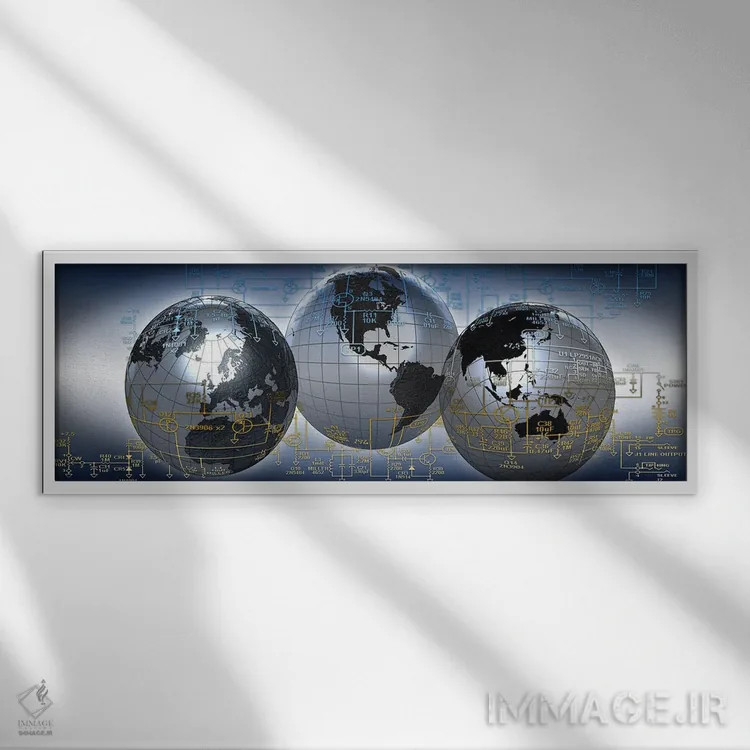 تابلو دکوراتیو سه کره زمین با دیاگرام الکترونیکی اثر پانورامیک ایمجز - نمای قابدار سفید