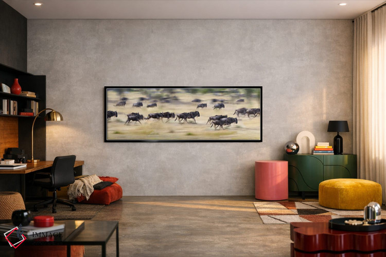 تابلو دکوراتیو Tanzania" - "گله ای از گاوهای وحشی در حال دویدن در یک م… اثر پانورامیک ایمجز - D6B