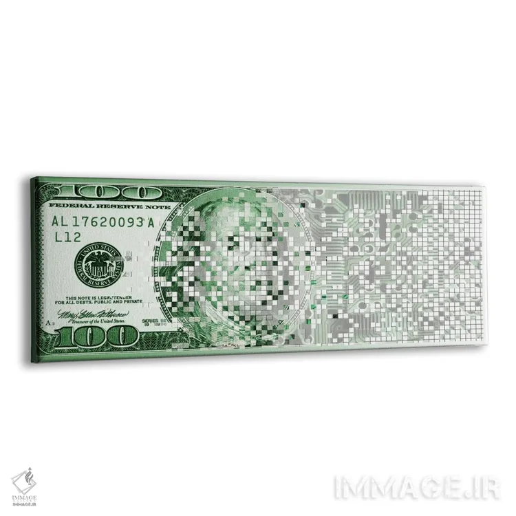 تابلو دکوراتیو اسکناس صد دلاری در حال دیجیتالی شدن اثر پانورامیک ایمجز - نمای پرسپکتیو محصول