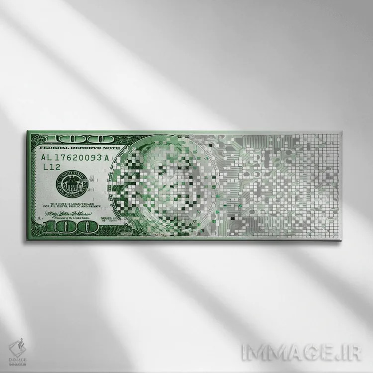 تابلو دکوراتیو اسکناس صد دلاری در حال دیجیتالی شدن اثر پانورامیک ایمجز - نمای روبهرو روی دیوار