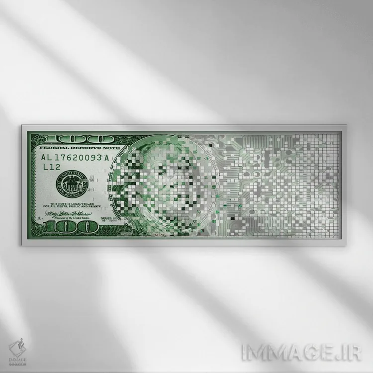 تابلو دکوراتیو اسکناس صد دلاری در حال دیجیتالی شدن اثر پانورامیک ایمجز - نمای قابدار سفید