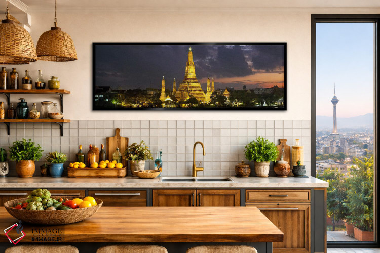 تابلو دکوراتیو معبد بودایی روشن شده در سپیده دم، وات آرون، رود چائو پر… اثر پانورامیک ایمجز - D2B