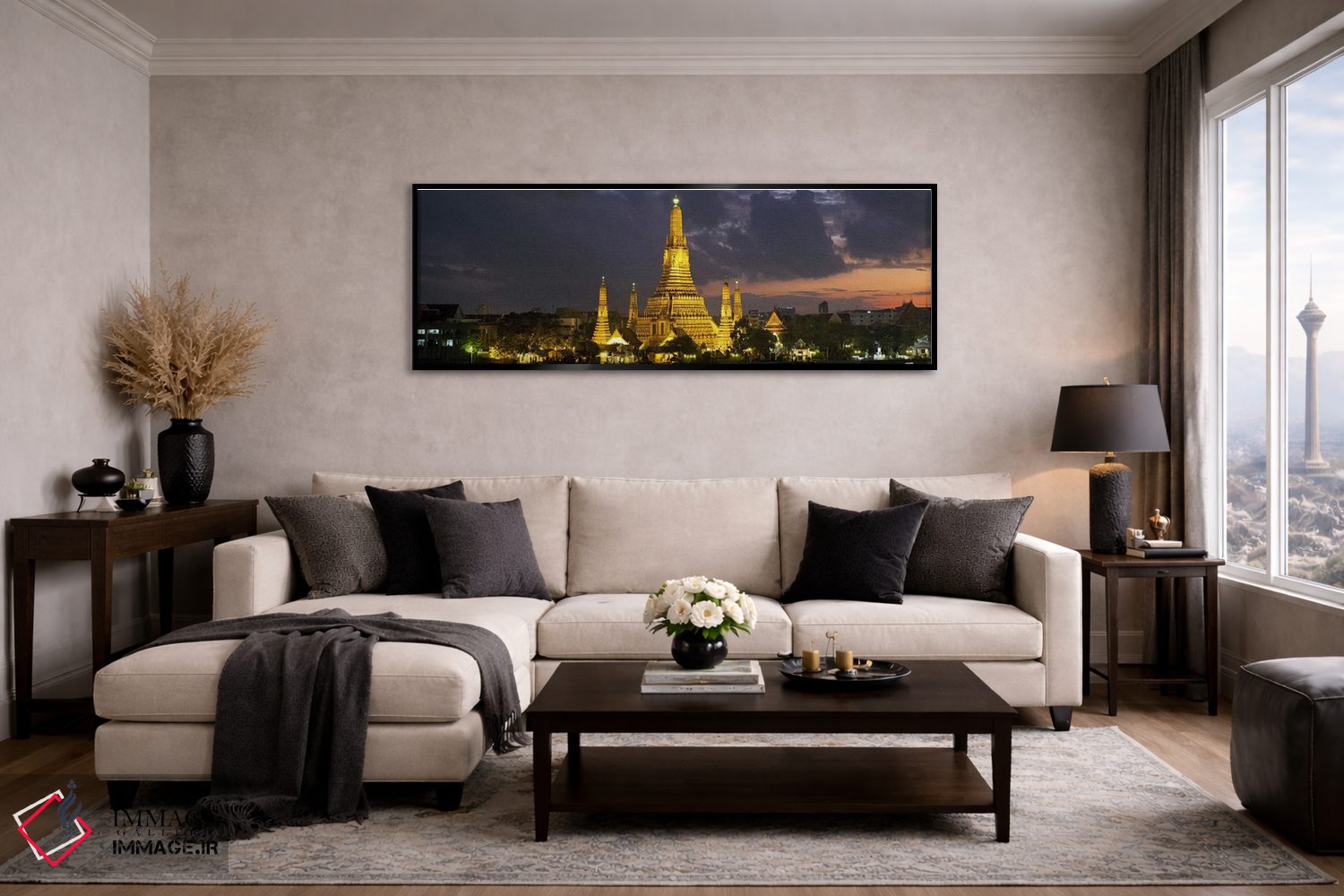 تابلو دکوراتیو معبد بودایی روشن شده در سپیده دم، وات آرون، رود چائو پر… اثر پانورامیک ایمجز - D5B