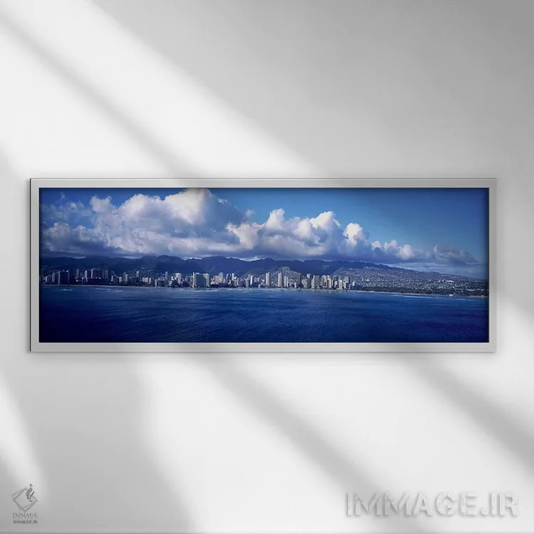 تابلو دکوراتیو شهر در کنار آب، وایکیکی، هونولولو، اوآهو، هاوایی، ایالا… اثر پانورامیک ایمجز - نمای قابدار سفید