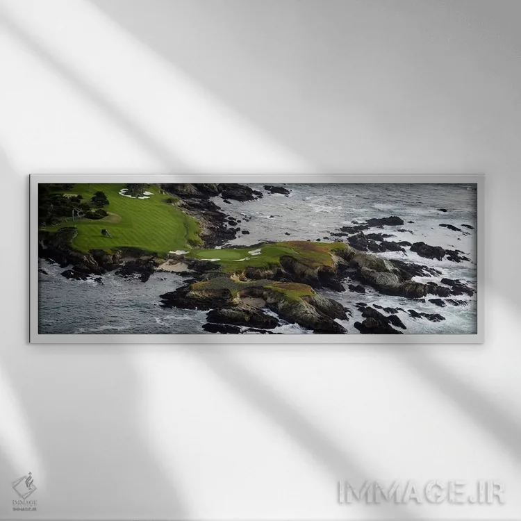 تابلو دکوراتیو زمین گلف روی یک جزیره، پیبل بیچ گلف لینک، پیبل بیچ، شهر… اثر پانورامیک ایمجز - نمای قابدار سفید