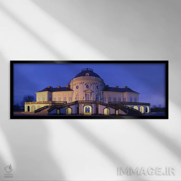 تابلو دکوراتیو قلعه سولیتود روشن شده در شب، اشتوتگارت، بادن-وورتمبرگ… اثر پانورامیک ایمجز - نمای قابدار مشکی