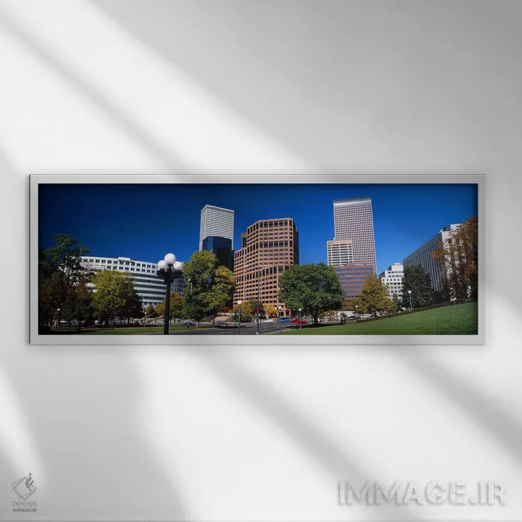 تابلو دکوراتیو ساختمان ها در یک شهر، مرکز شهر دنور، دنور، کلرادو، ایال… اثر پانورامیک ایمجز - نمای قابدار سفید