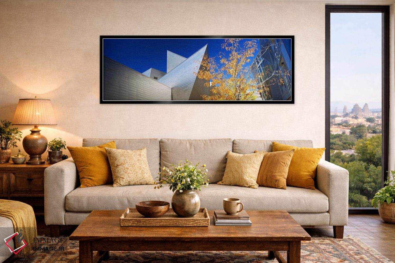 تابلو دکوراتیو نمایی از آسمان خراش ها از زاویه پایین، مرکز شهر دنور، د… اثر پانورامیک ایمجز - D5B