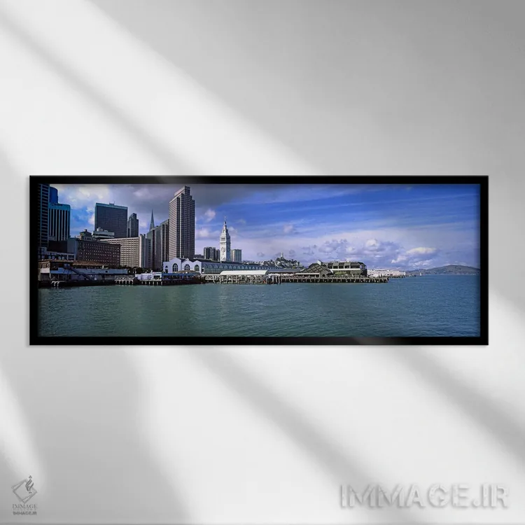 تابلو دکوراتیو ساختمان ها در کنار آب، سانفرانسیسکو، کالیفرنیا، ایالات… اثر پانورامیک ایمجز - نمای قابدار مشکی