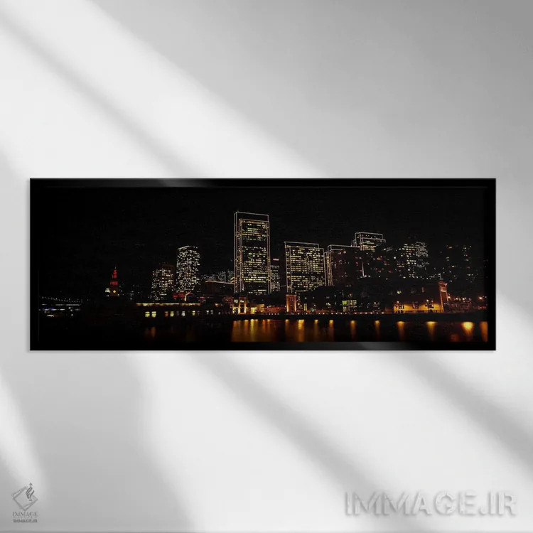 تابلو دکوراتیو ساختمان ها در کنار آب روشن شده در شب، سانفرانسیسکو، کال… اثر پانورامیک ایمجز - نمای قابدار مشکی