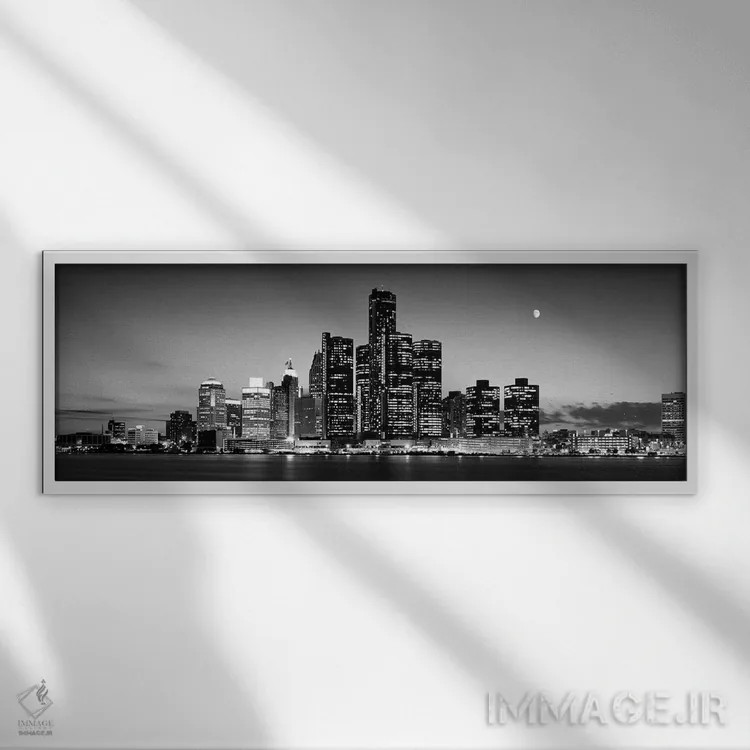 تابلو دکوراتیو ساختمان ها در کنار آب، رودخانه دیترویت، دیترویت، میشیگا… اثر پانورامیک ایمجز - نمای قابدار سفید