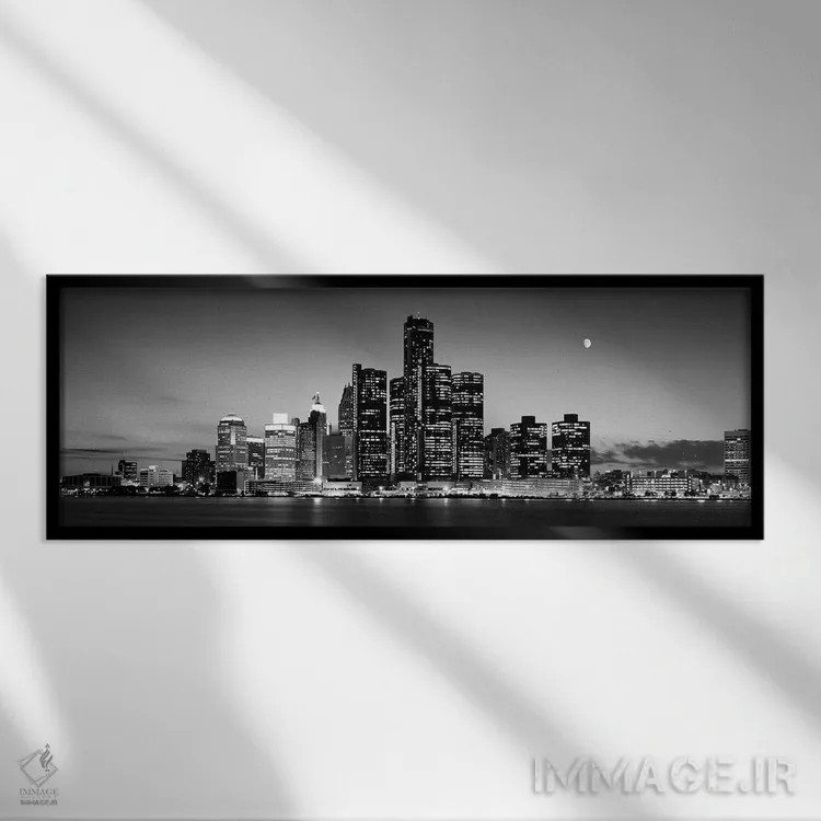 تابلو دکوراتیو ساختمان ها در کنار آب، رودخانه دیترویت، دیترویت، میشیگا… اثر پانورامیک ایمجز - نمای قابدار مشکی