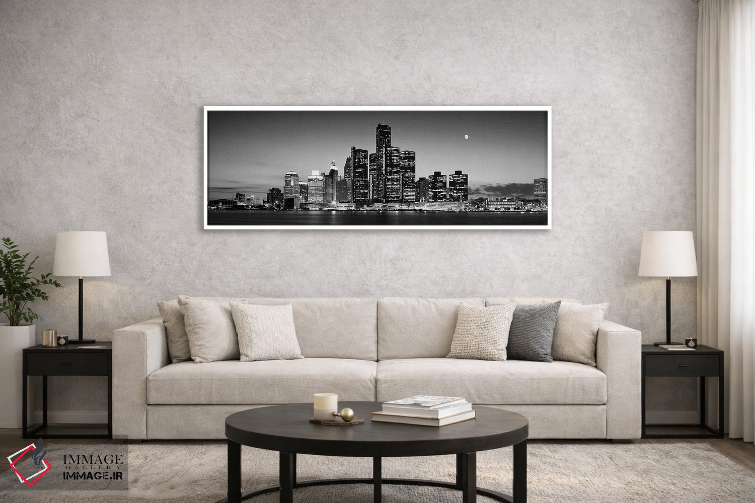 تابلو دکوراتیو ساختمان ها در کنار آب، رودخانه دیترویت، دیترویت، میشیگا… اثر پانورامیک ایمجز - D5W