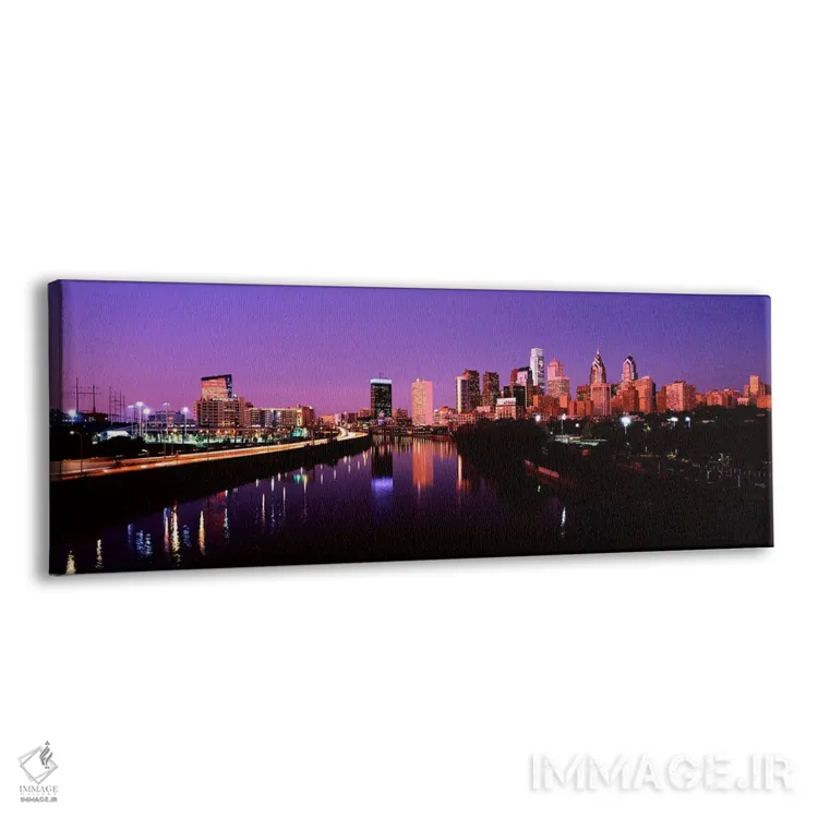 تابلو دکوراتیو ساختمان ها روشن شده در کنار آب، فیلادلفیا، رودخانه شیکی… اثر پانورامیک ایمجز - نمای پرسپکتیو محصول