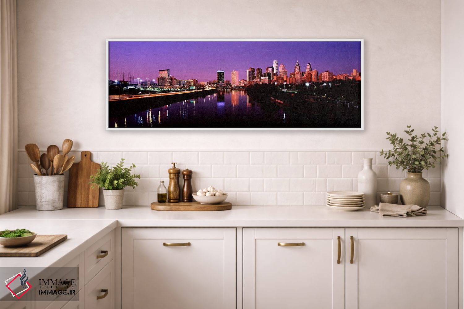 تابلو دکوراتیو ساختمان ها روشن شده در کنار آب، فیلادلفیا، رودخانه شیکی… اثر پانورامیک ایمجز - D1W