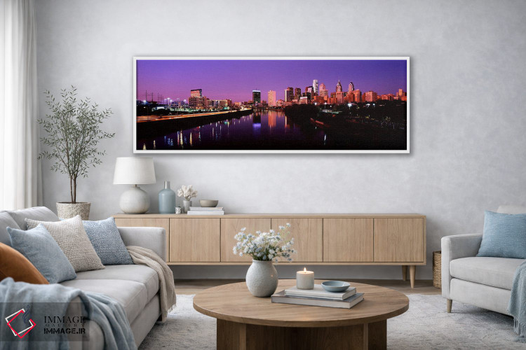تابلو دکوراتیو ساختمان ها روشن شده در کنار آب، فیلادلفیا، رودخانه شیکی… اثر پانورامیک ایمجز - D3W
