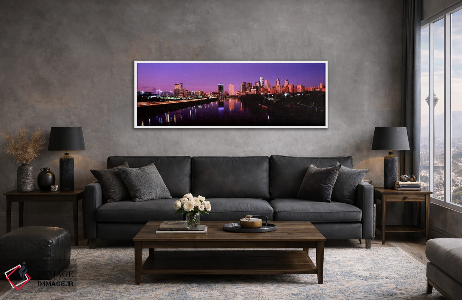 تابلو دکوراتیو ساختمان ها روشن شده در کنار آب، فیلادلفیا، رودخانه شیکی… اثر پانورامیک ایمجز - D4W