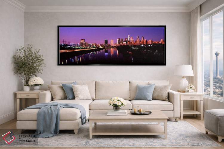 تابلو دکوراتیو ساختمان ها روشن شده در کنار آب، فیلادلفیا، رودخانه شیکی… اثر پانورامیک ایمجز - D5B