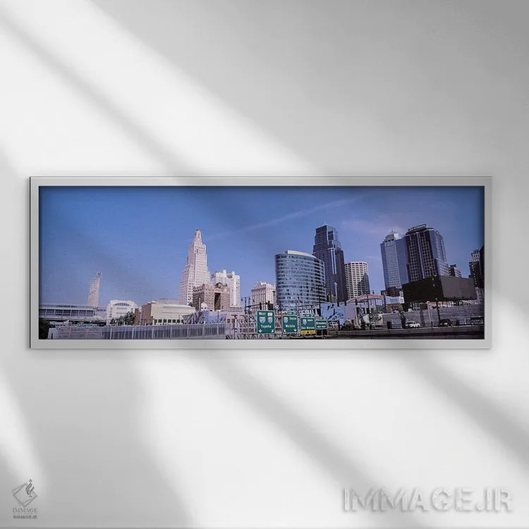 تابلو دکوراتیو نمای از زاویه پایین از افق شهری مرکز شهر، کانزاس سیتی… اثر پانورامیک ایمجز - نمای قابدار سفید