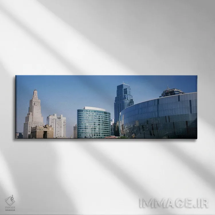 تابلو دکوراتیو نمای از زاویه پایین از افق شهری مرکز شهر، کانزاس سیتی… اثر پانورامیک ایمجز - نمای روبهرو روی دیوار