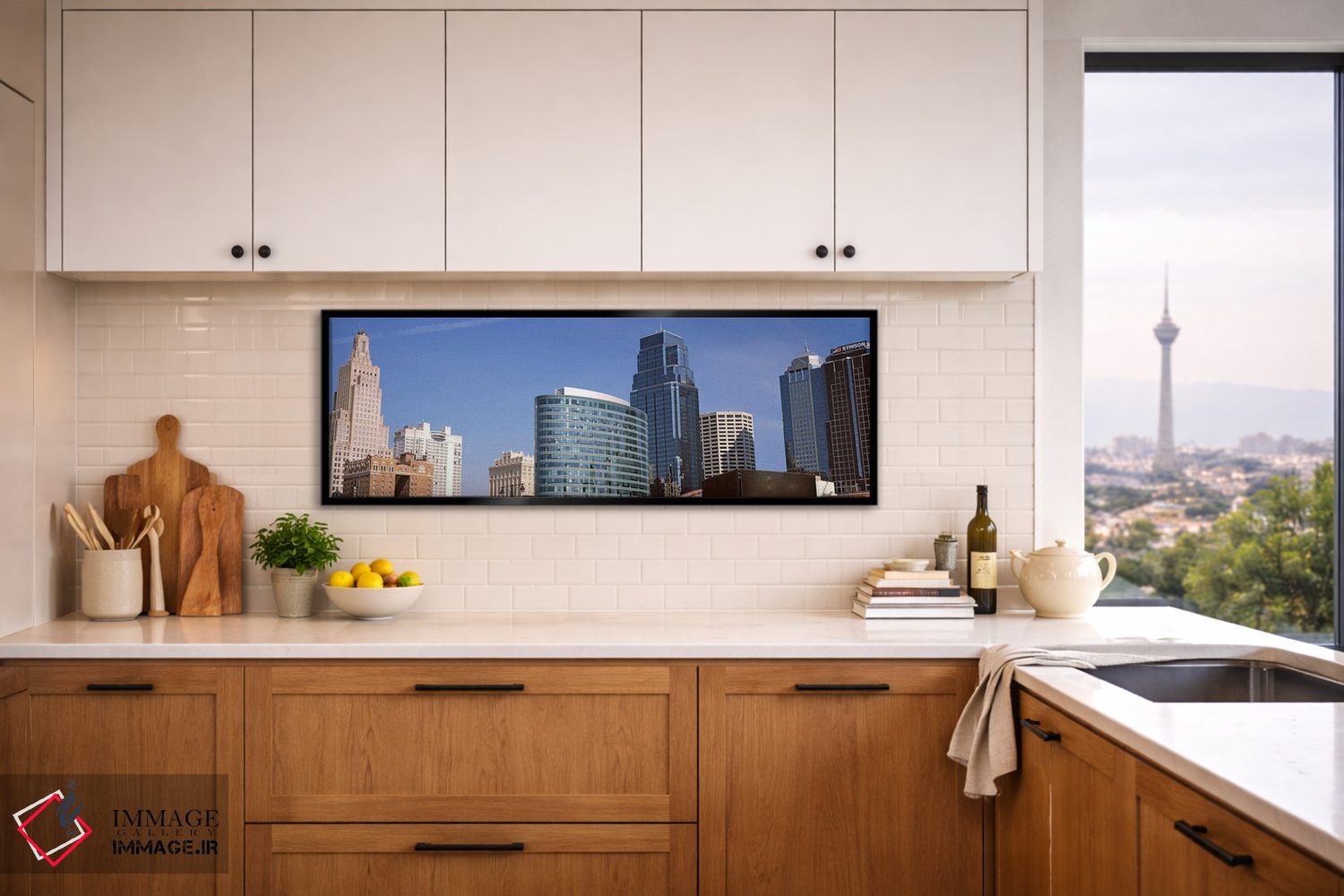 تابلو دکوراتیو نمای از زاویه پایین از افق شهری مرکز شهر، کانزاس سیتی… اثر پانورامیک ایمجز - D5B