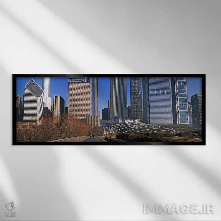 تابلو دکوراتیو پارک هزاره با ساختمان ها در پس زمینه، شیکاگو، شهرستان ک… اثر پانورامیک ایمجز - نمای قابدار مشکی