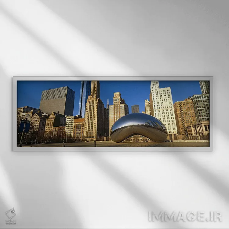 تابلو دکوراتیو مجسمه گیت ابر با ساختمان ها در پس زمینه، پارک هزاره، شی… اثر پانورامیک ایمجز - نمای قابدار سفید