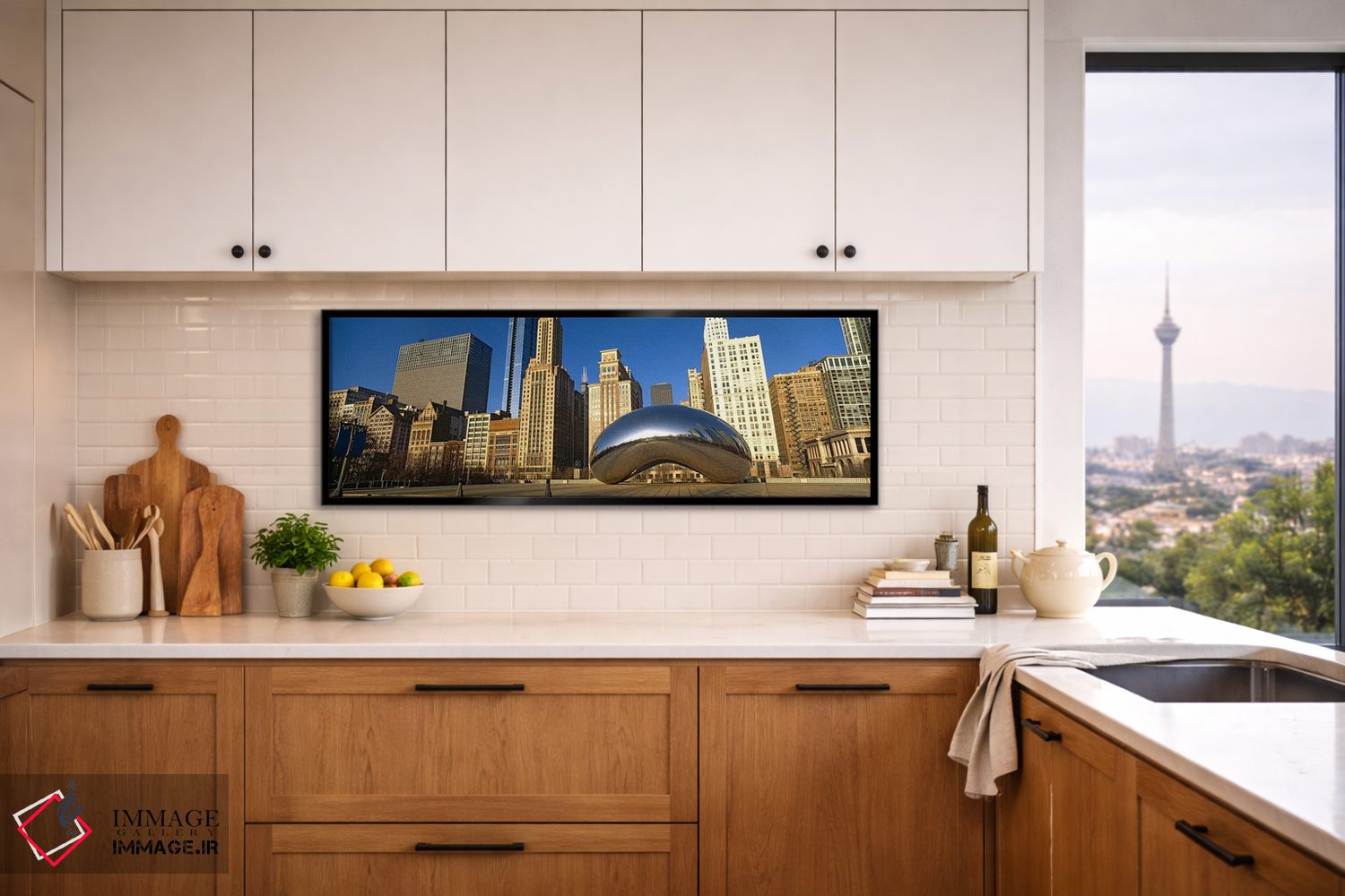 تابلو دکوراتیو مجسمه گیت ابر با ساختمان ها در پس زمینه، پارک هزاره، شی… اثر پانورامیک ایمجز - D5B