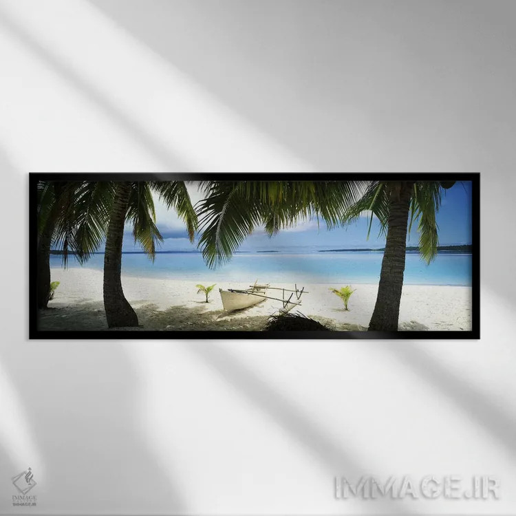 تابلو دکوراتیو قایق سنتی پلی نزی روی ساحل، آیتوتاکی، جزایر کوک اثر پانورامیک ایمجز - نمای قابدار مشکی