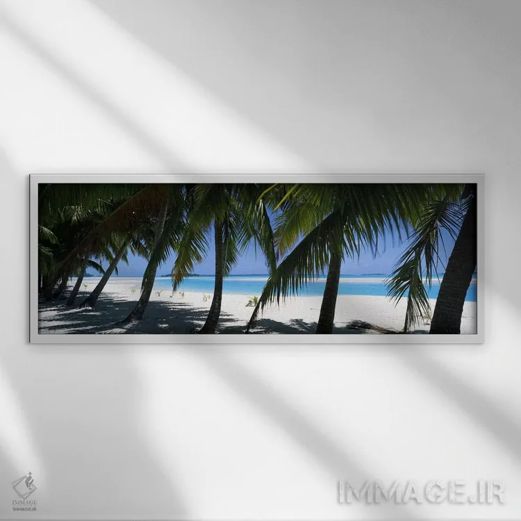 تابلو دکوراتیو درختان نخل در ساحل، آیتوتاکی، جزایر کوک اثر پانورامیک ایمجز - نمای قابدار سفید
