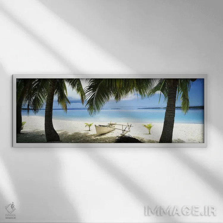 تابلو دکوراتیو قایق سنتی پلی نزی روی ساحل، آیتوتاکی، جزایر کوک اثر پانورامیک ایمجز - نمای قابدار سفید