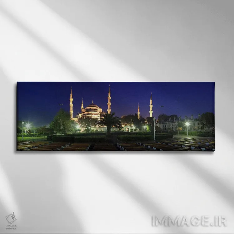 تابلو دکوراتیو مسجد روشن شده در شب، مسجد آبی، استانبول، ترکیه اثر پانورامیک ایمجز - نمای روبهرو روی دیوار